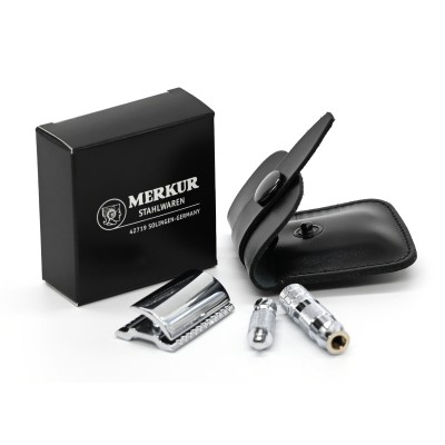 3 Piece Travel Safety Razor With Leather Case