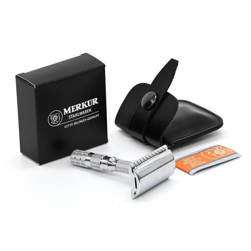 3 Piece Travel Safety Razor With Leather Case