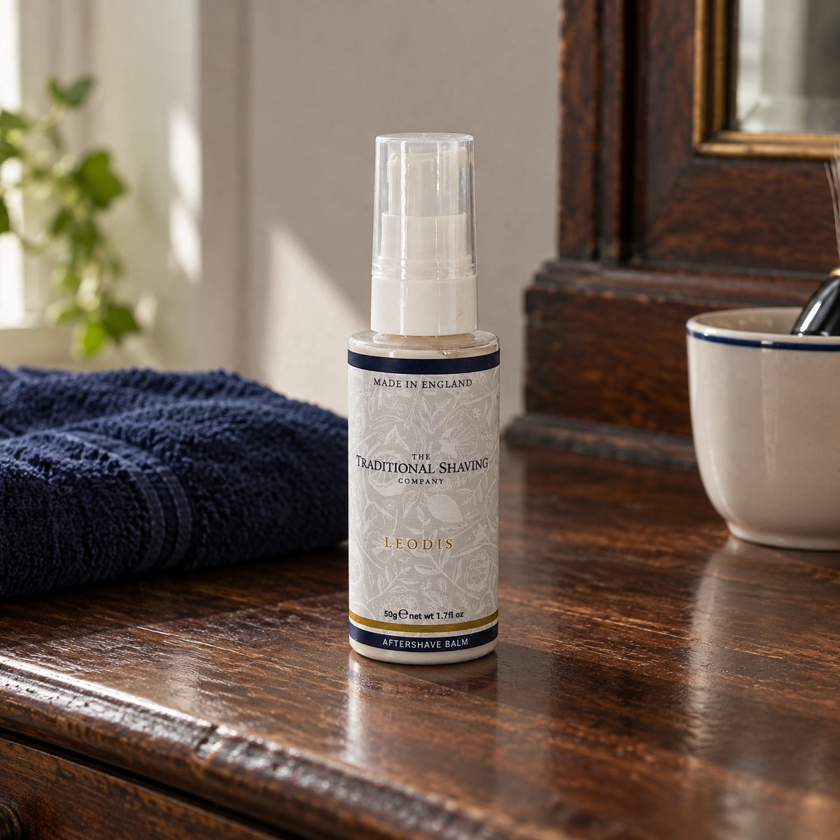 Leodis Aftershave Balm 50g on a bathroom shelf