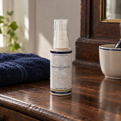 Leodis Aftershave Balm 50g on a bathroom shelf
