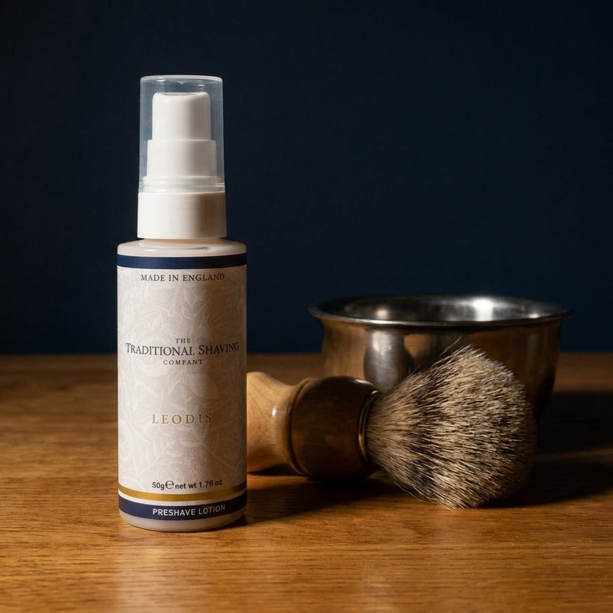Leodis Pre-Shave Lotion 50g on a bathroom shelf