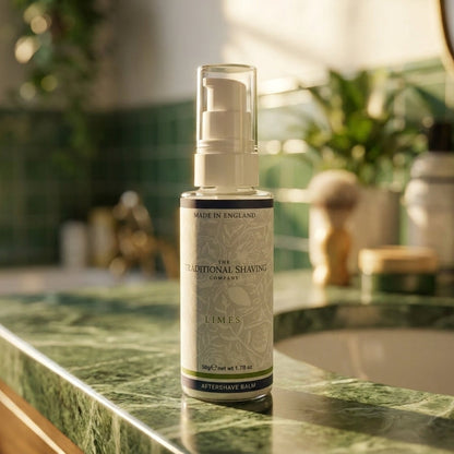 Limes Aftershave Balm 50g on a bathroom shelf