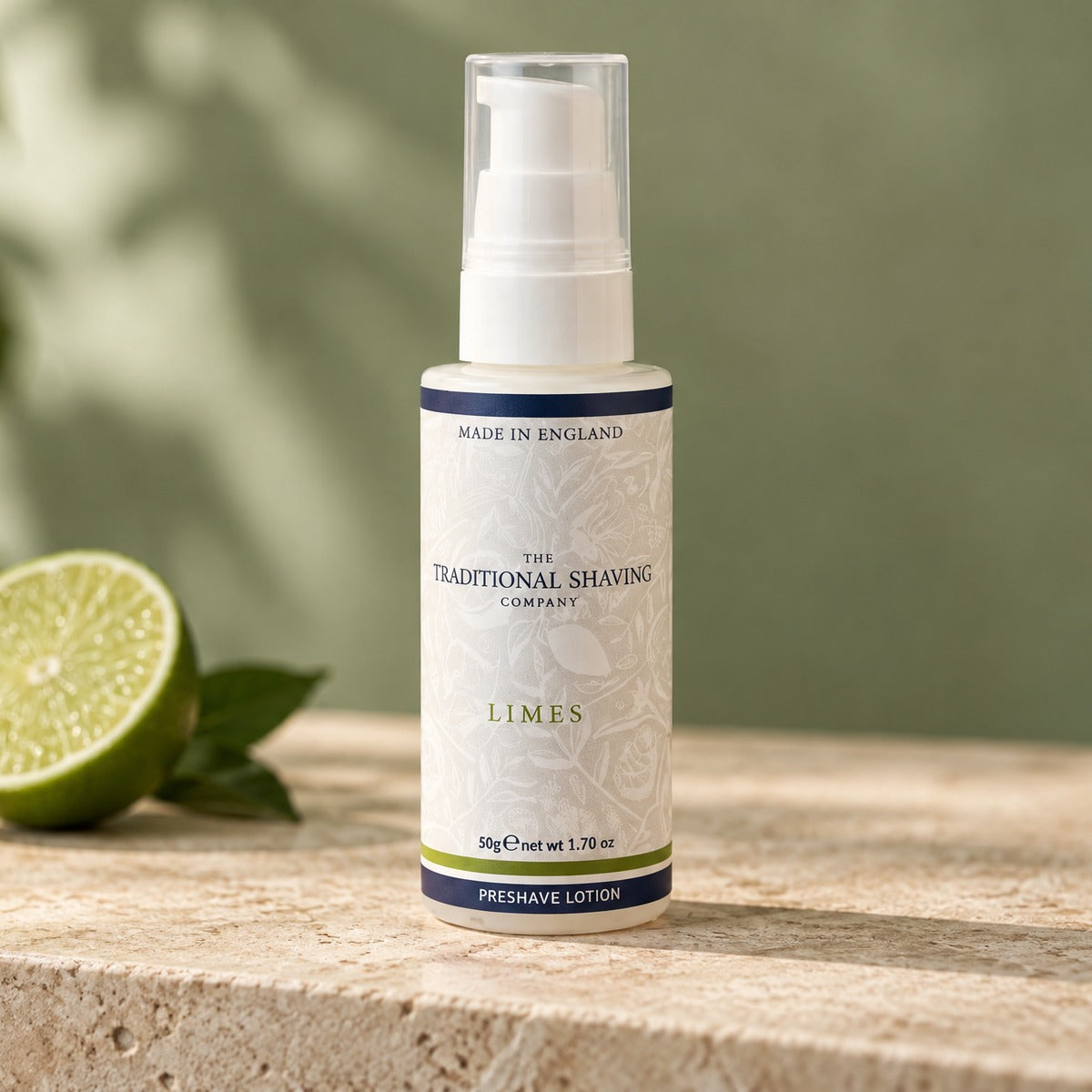 Limes Pre-Shave Lotion 50g on a bathroom shelf