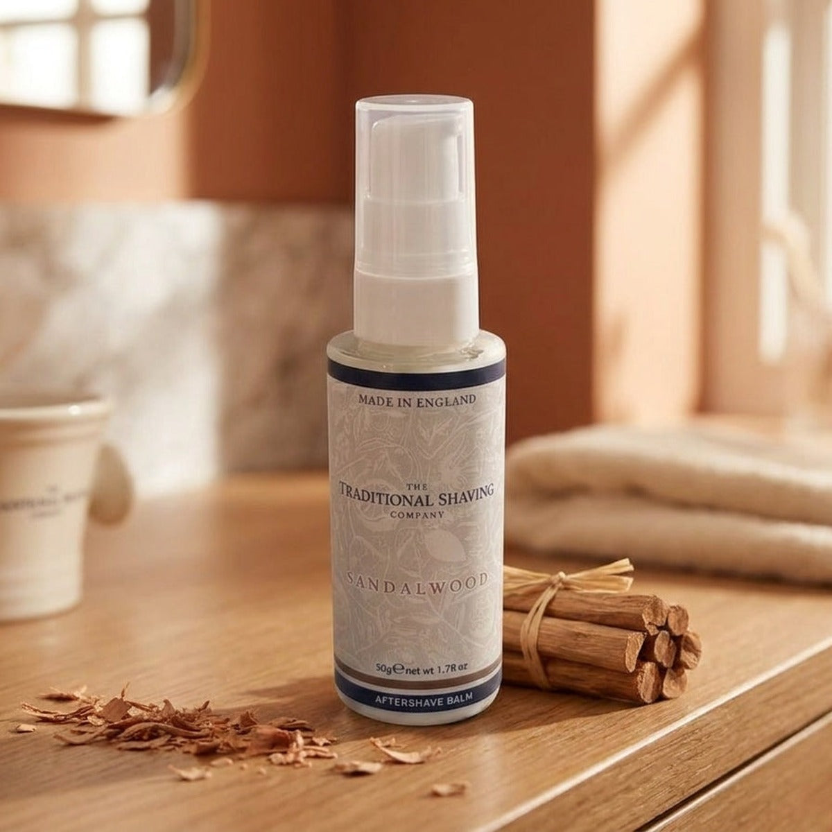 Sandalwood Aftershave Balm 50g on a bathroom shelf