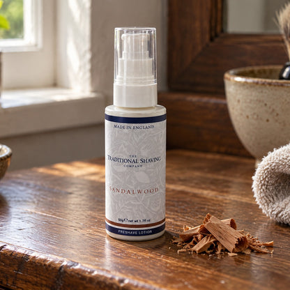 Sandalwood Pre-Shave Lotion 50g on a bathroom shelf