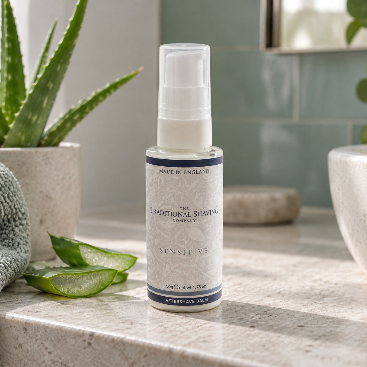 Sensitive Aftershave Balm 50g on a bathroom shelf