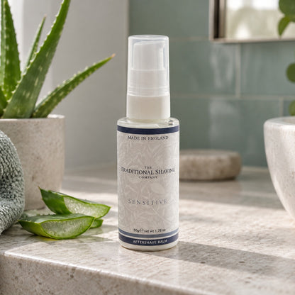 Sensitive Aftershave Balm 50g on a bathroom shelf