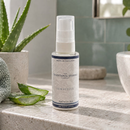 Sensitive Pre-Shave Lotion 50g on a bathroom shelf
