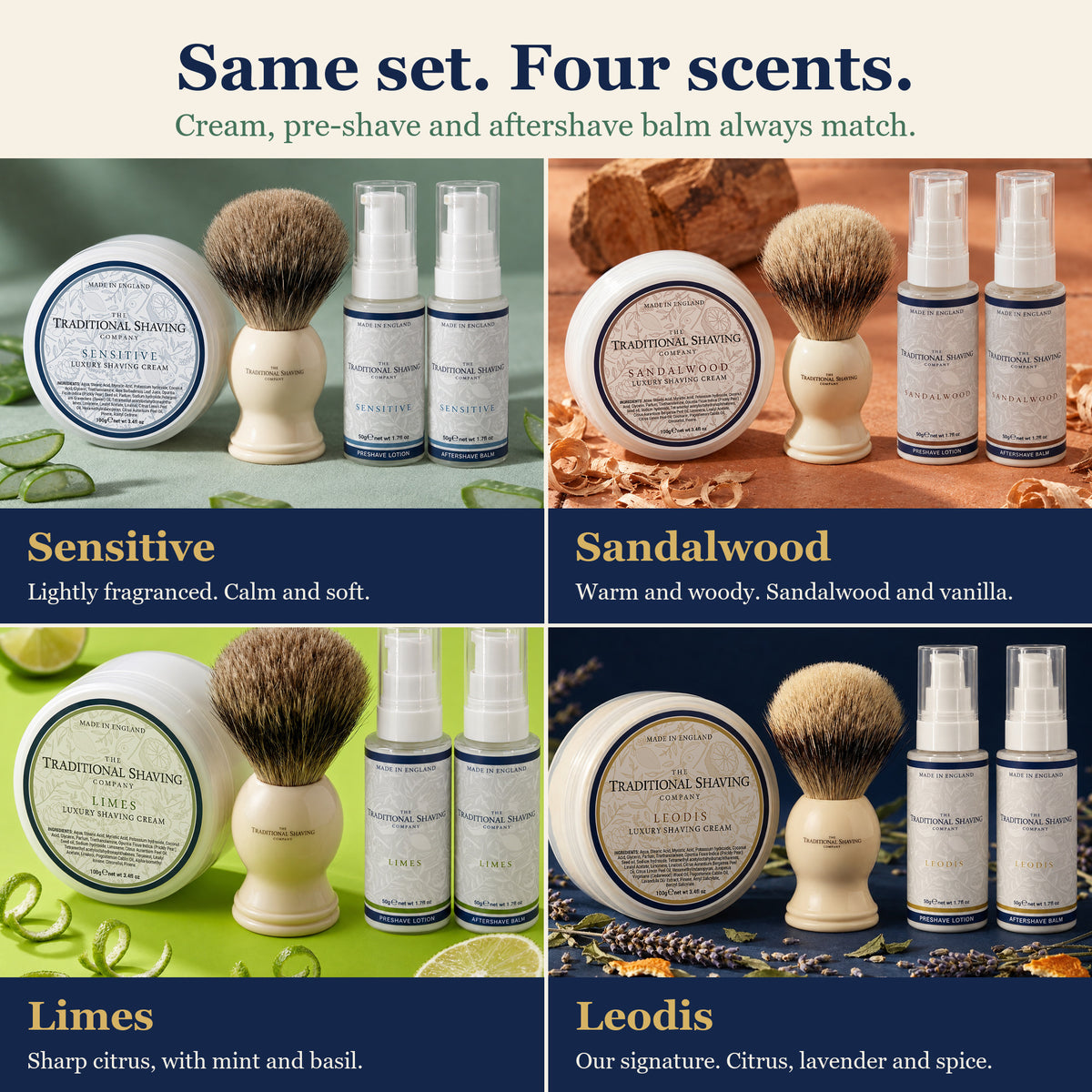 Same set, four scents: Sensitive, Sandalwood, Limes, Leodis