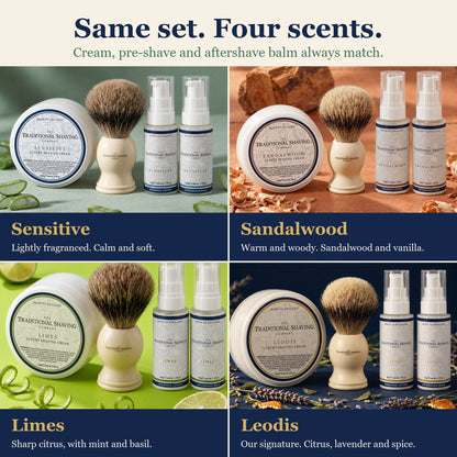 Same set, four scents: Sensitive, Sandalwood, Limes, Leodis