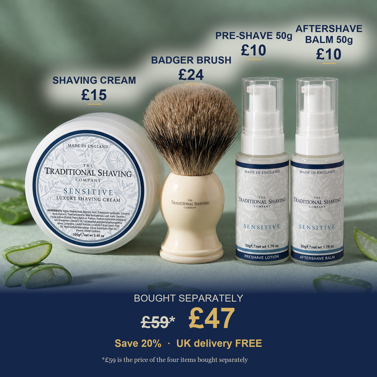 The Barbershop Set value: £59 bought separately, £47 as a set (Sensitive, Sandalwood, Limes, Leodis)